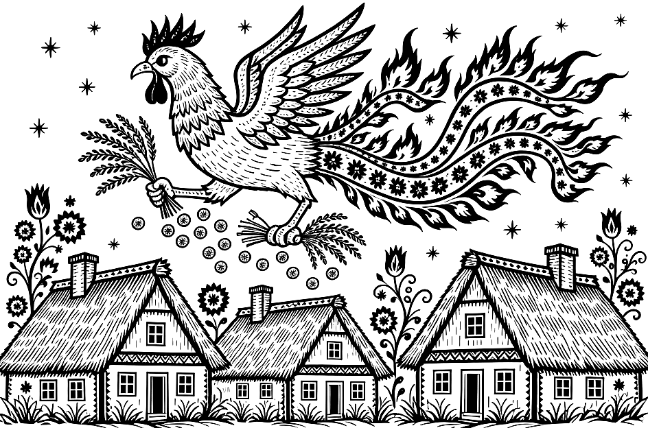 Aitvaras, a fiery flying rooster over village houses