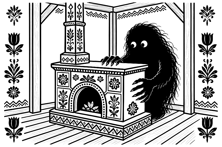 Baubas, a shaggy shadow hiding behind a stove