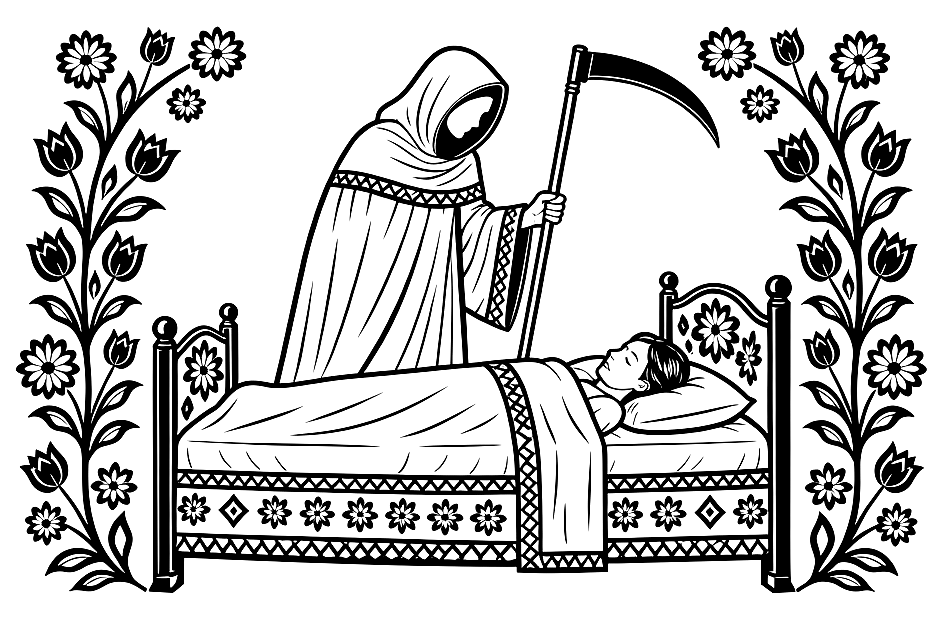 Giltinė, the death goddess with a scythe by a sick bed