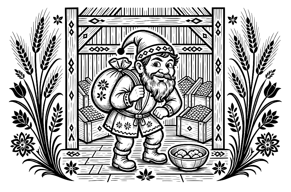 Kaukas, a bearded gnome carrying a sack in a granary