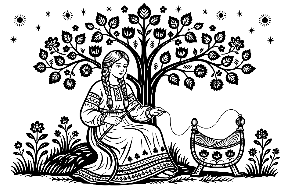 Laima, the goddess of fate spinning a thread by a cradle