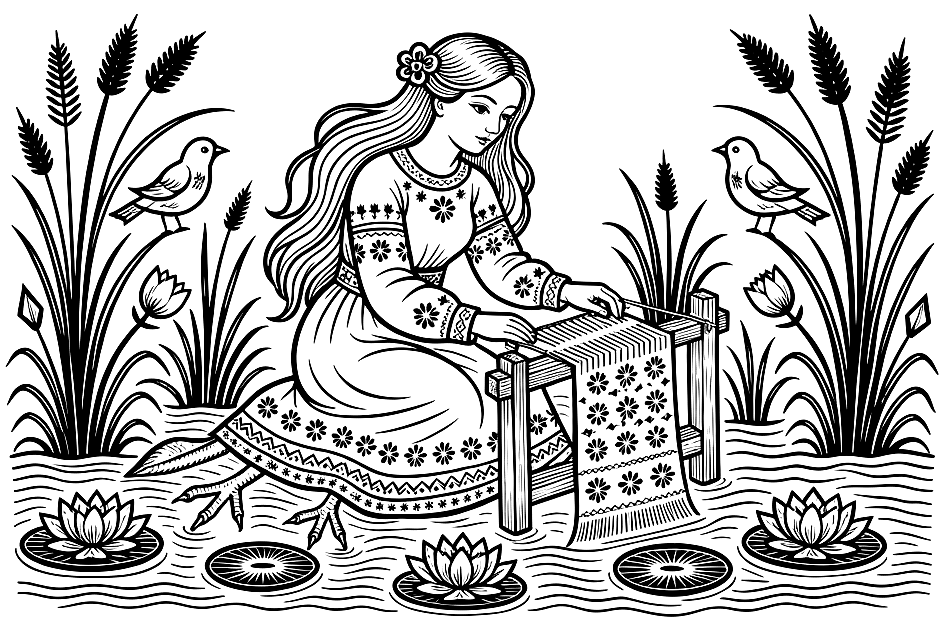 Laumė, a lake fairy weaving on a loom
