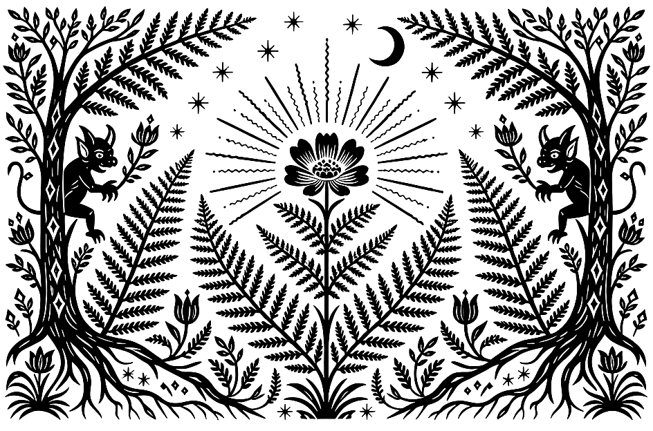 Paparčio žiedas, a glowing fern flower guarded by devils