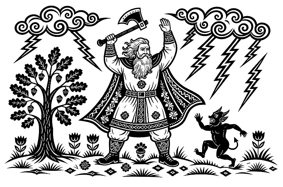Perkūnas, the thunder god with an axe chasing a devil
