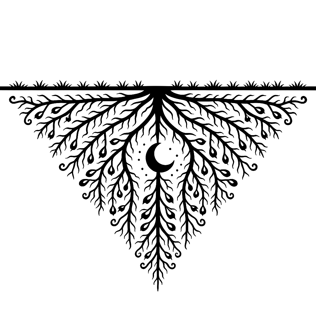 Underworld realm symbol, roots under the ground with a moon