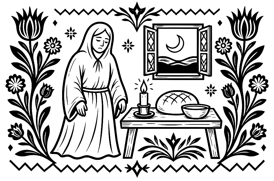 Vėlė, the soul of the dead by a table with bread and a candle