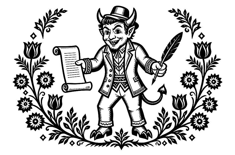 Velnias, a devil in a hat holding a contract and a quill