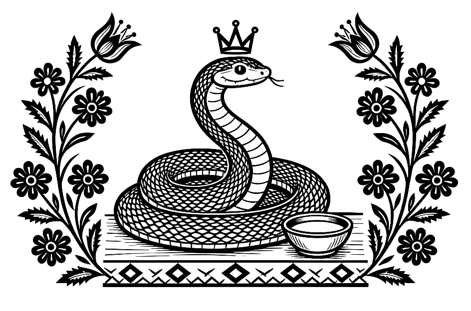 Žaltys, a crowned grass snake by a bowl of milk